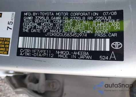 2008 Toyota Prius from USA, damaged, VIN JTDKB20U583452974